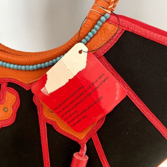 SHANGHAI TANG Leather & Canvas Tote Handbag Stones Tassels - Picture 8 of 8